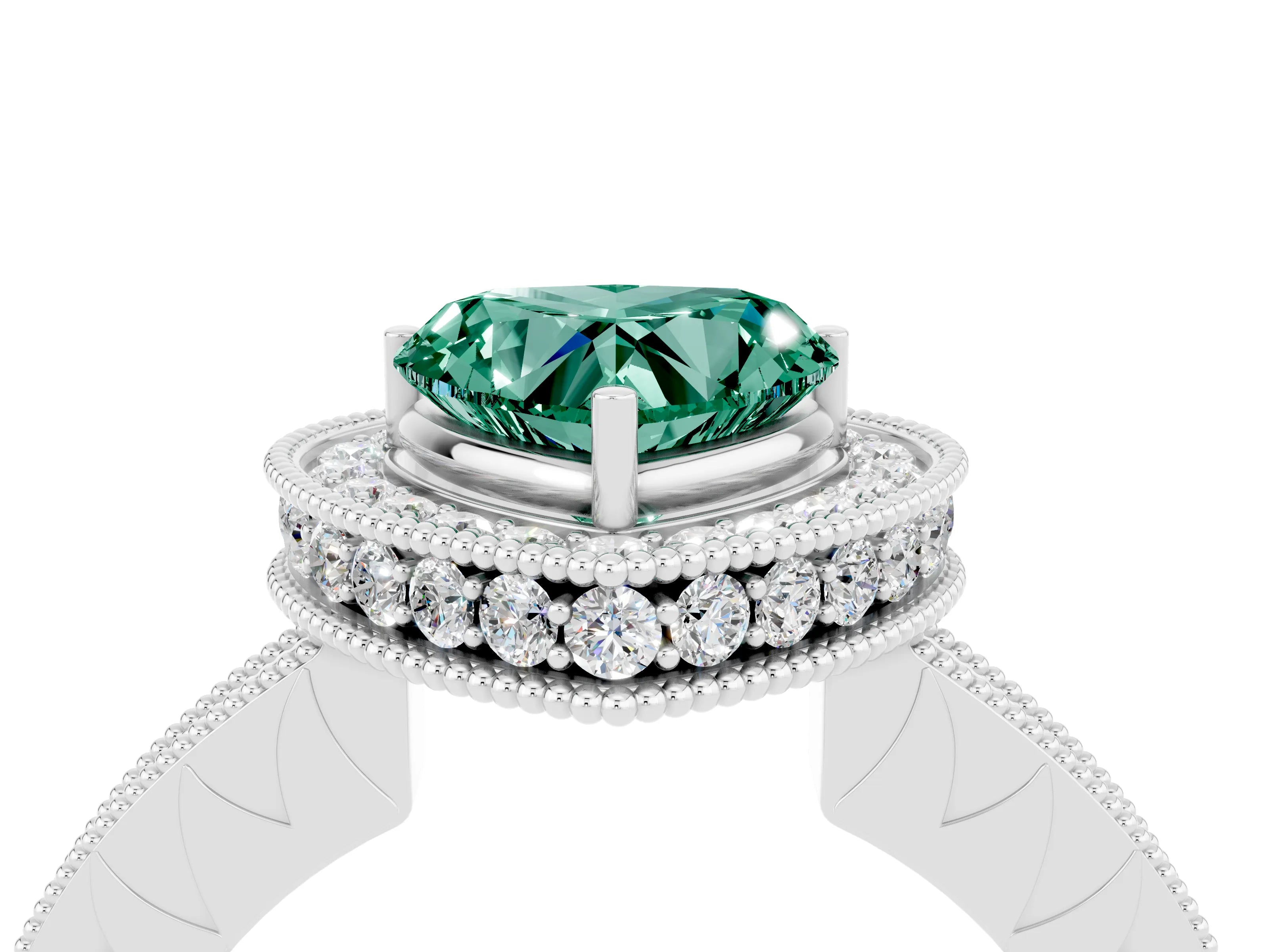White gold Heart Cut Halo Diamond Engagement Ring with Milgrain Pave Band and Four-Prong Setting_4