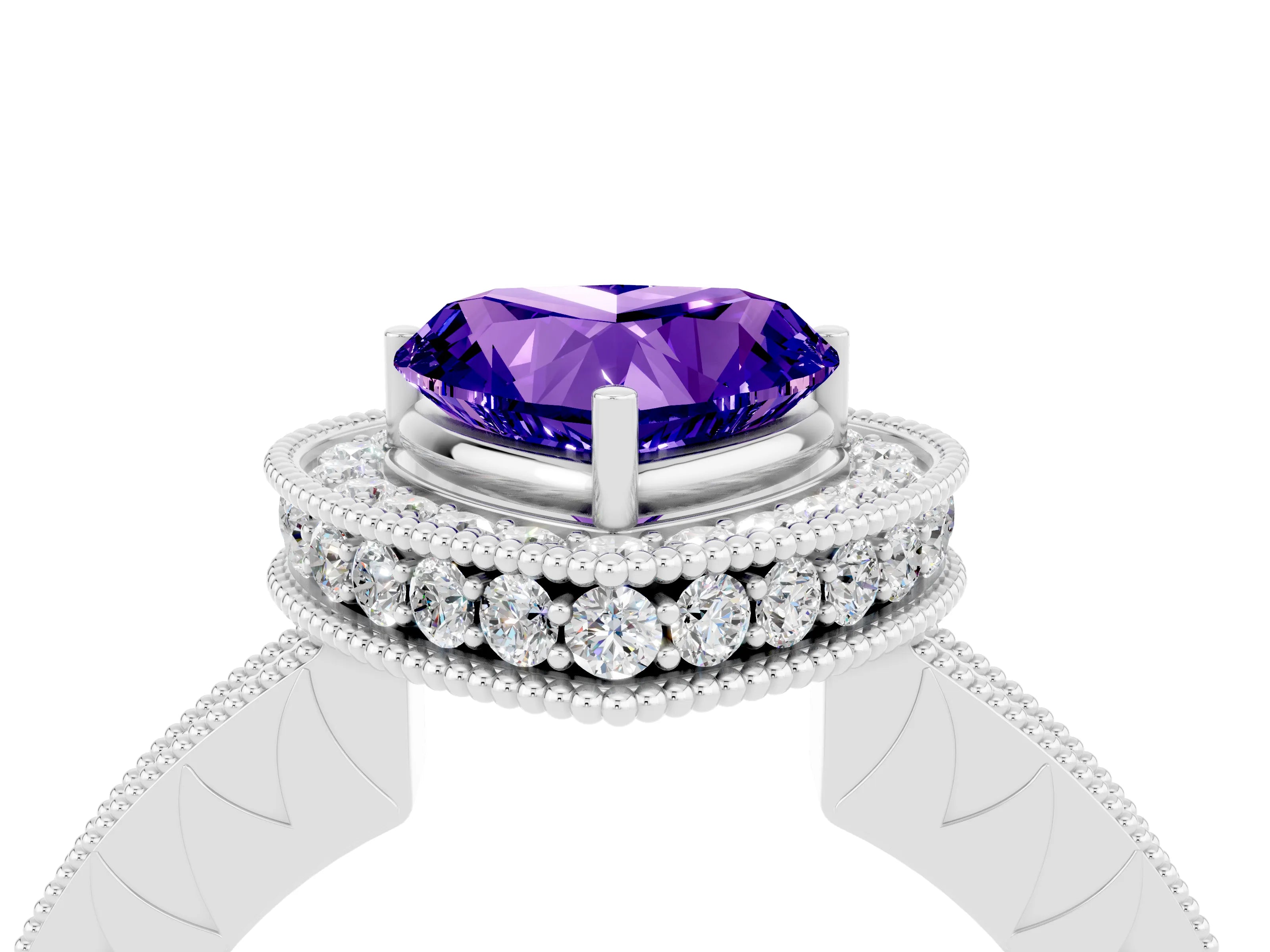 White gold Heart Cut Halo Diamond Engagement Ring with Milgrain Pave Band and Four-Prong Setting_4