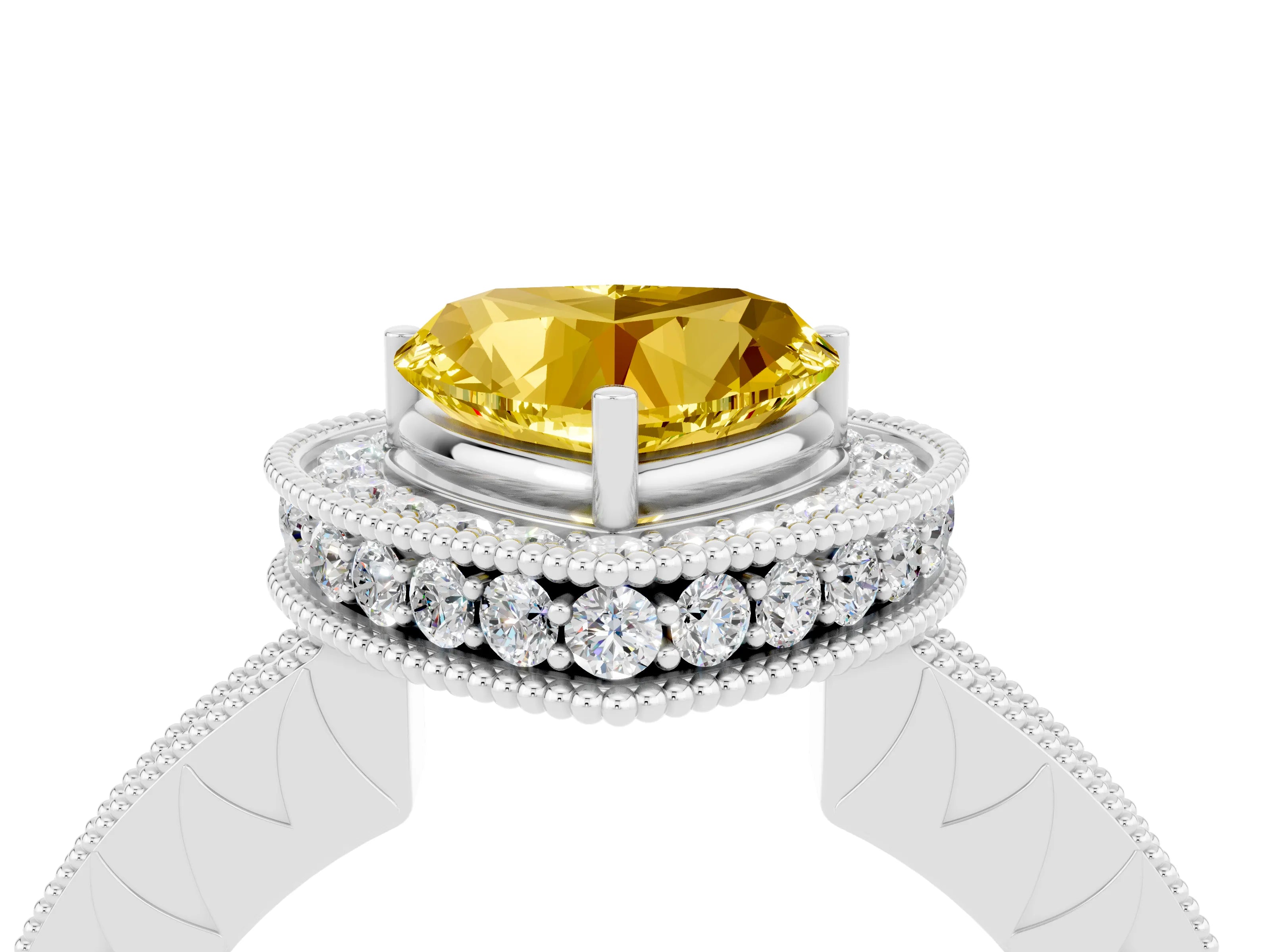 White gold Heart Cut Halo Diamond Engagement Ring with Milgrain Pave Band and Four-Prong Setting_4
