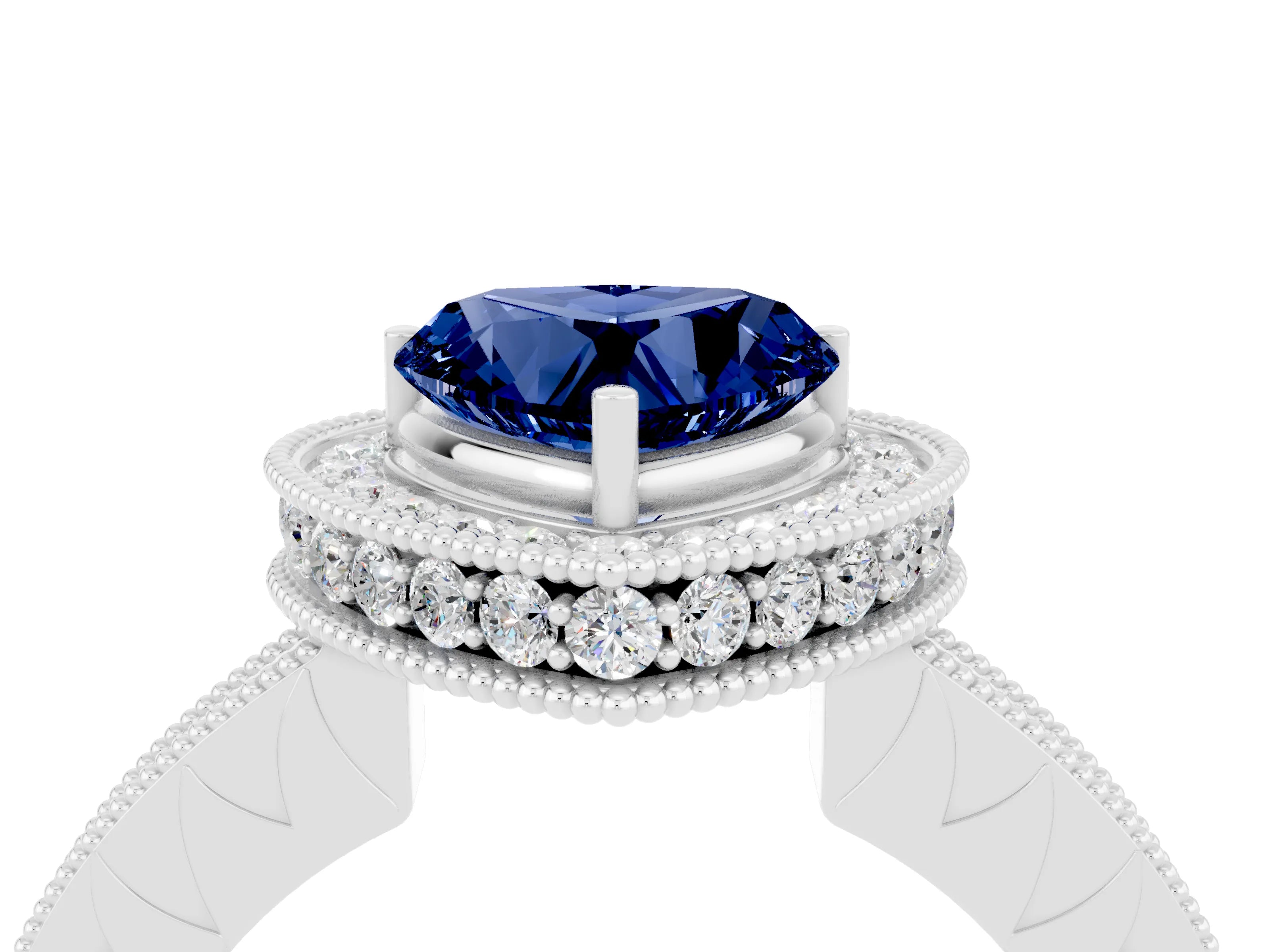 White gold Heart Cut Halo Diamond Engagement Ring with Milgrain Pave Band and Four-Prong Setting_4