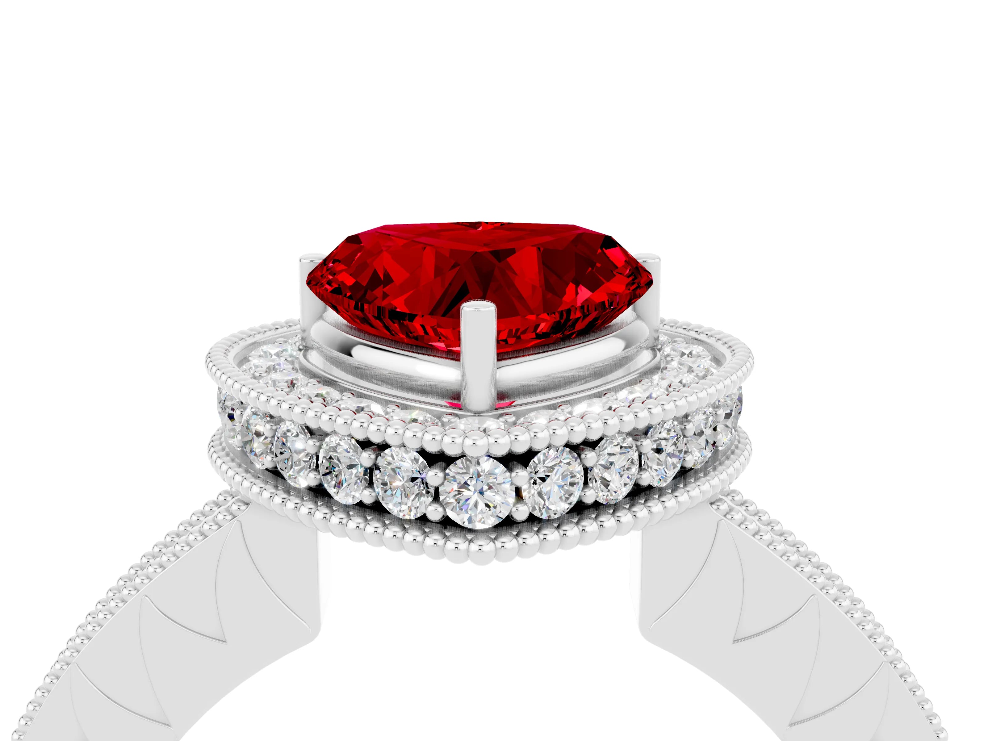 White gold Heart Cut Halo Diamond Engagement Ring with Milgrain Pave Band and Four-Prong Setting_4