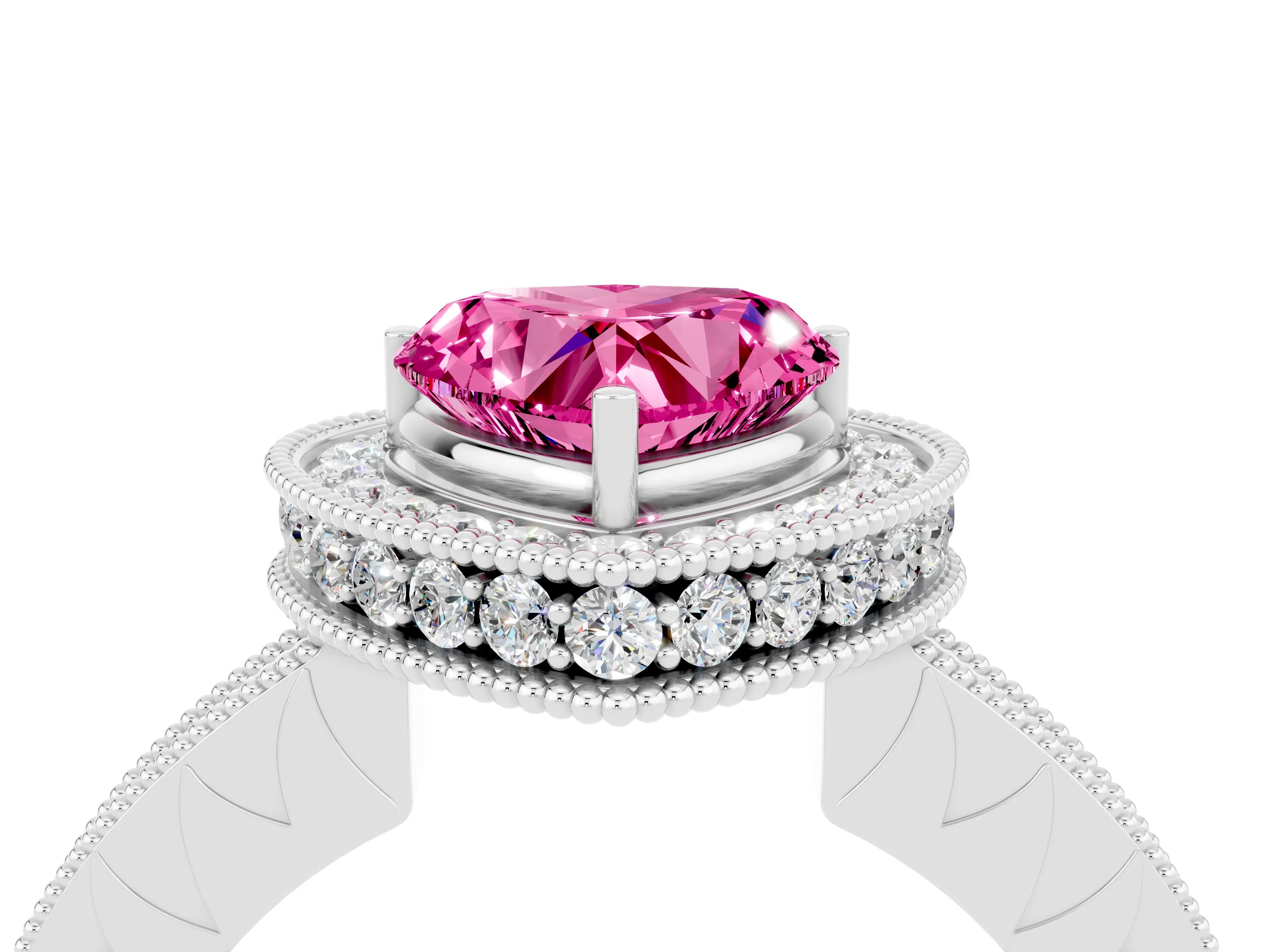 White gold Heart Cut Halo Diamond Engagement Ring with Milgrain Pave Band and Four-Prong Setting_4