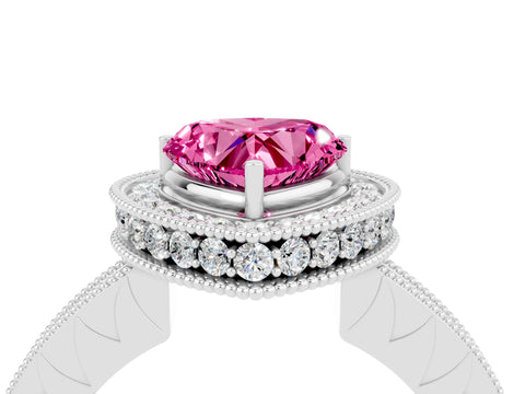 White gold Heart Cut Halo Diamond Engagement Ring with Milgrain Pave Band and Four-Prong Setting_4