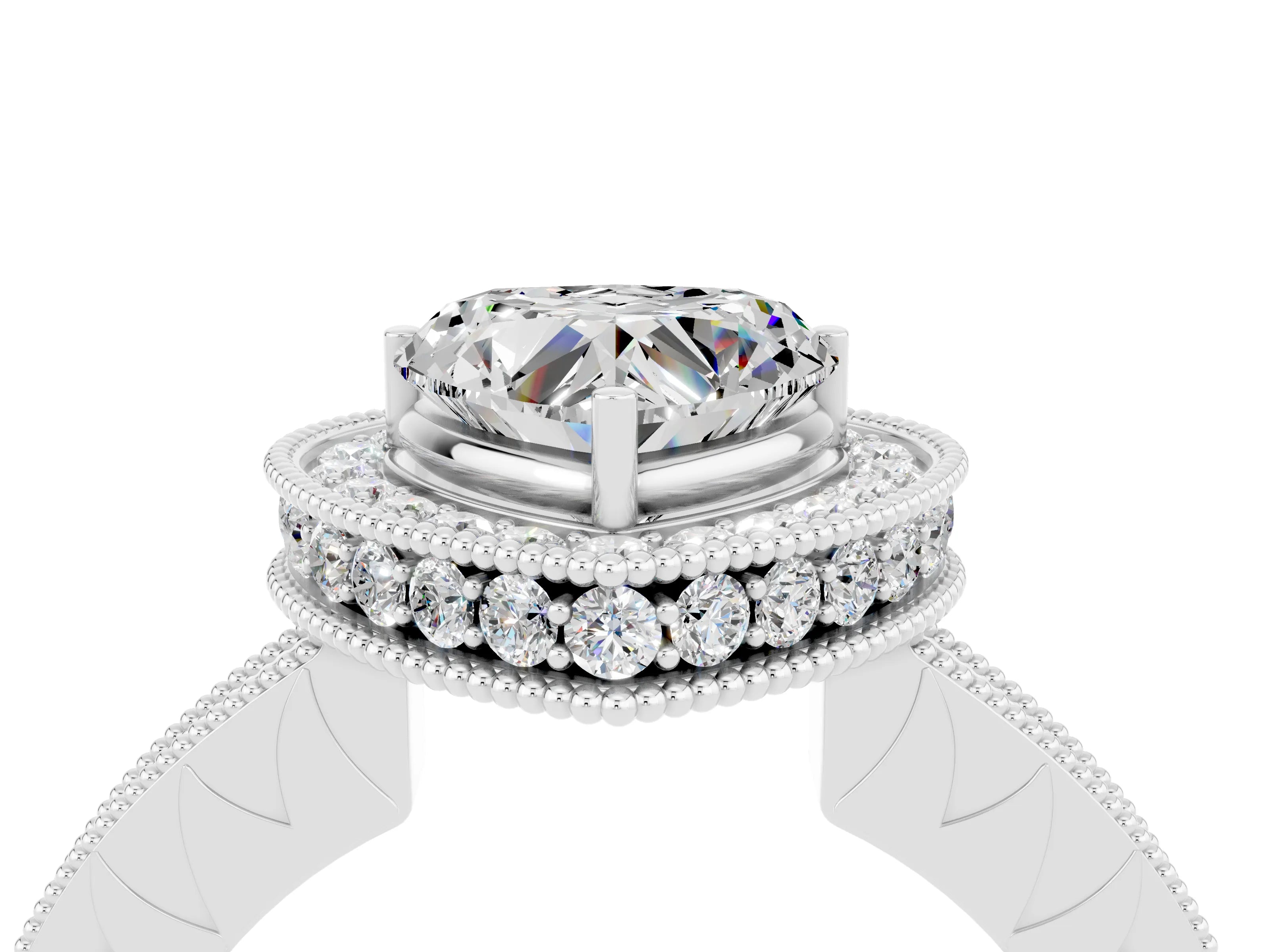 White gold Heart Cut Halo Diamond Engagement Ring with Milgrain Pave Band and Four-Prong Setting_4
