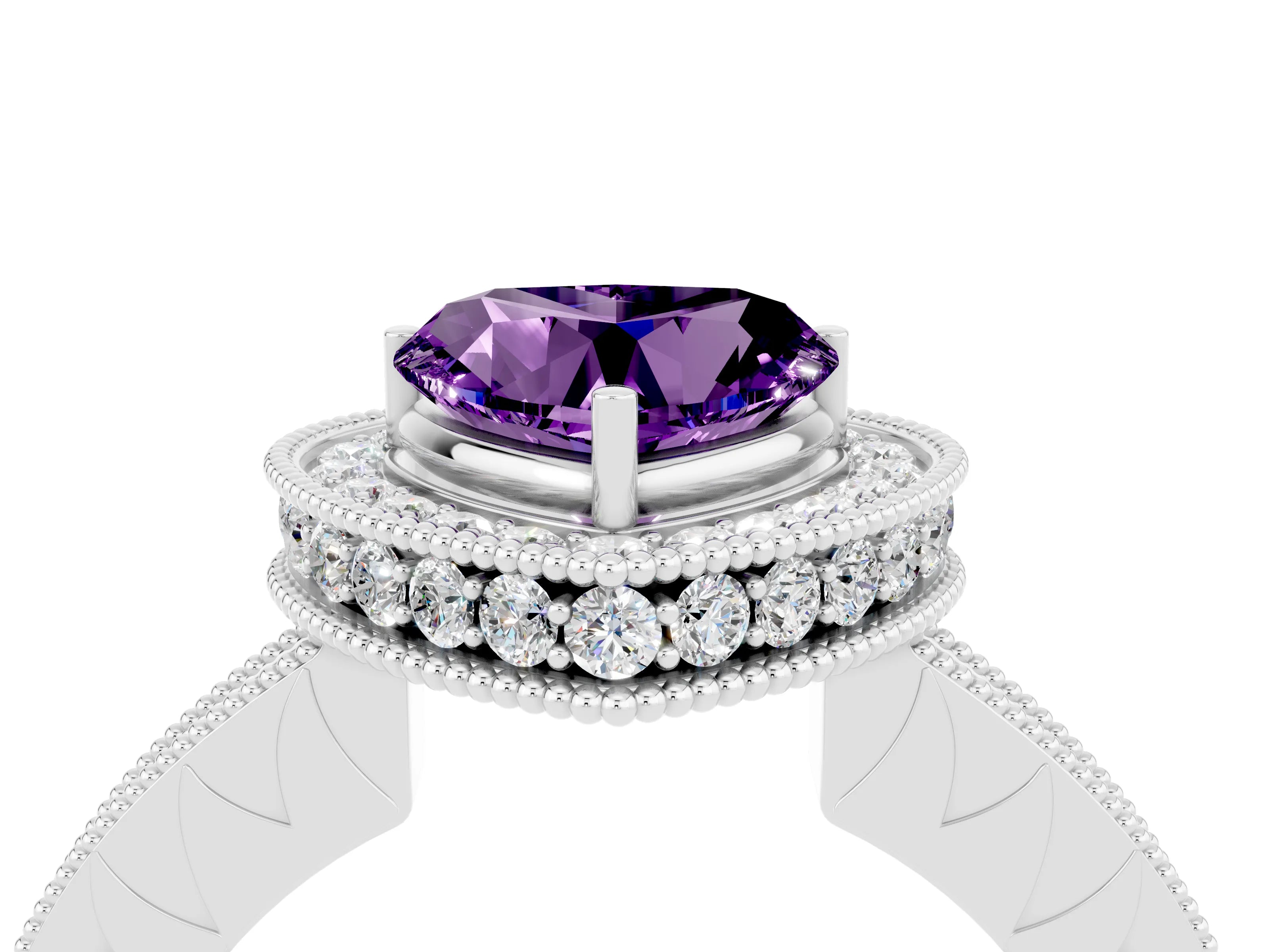 White gold Heart Cut Halo Diamond Engagement Ring with Milgrain Pave Band and Four-Prong Setting_4