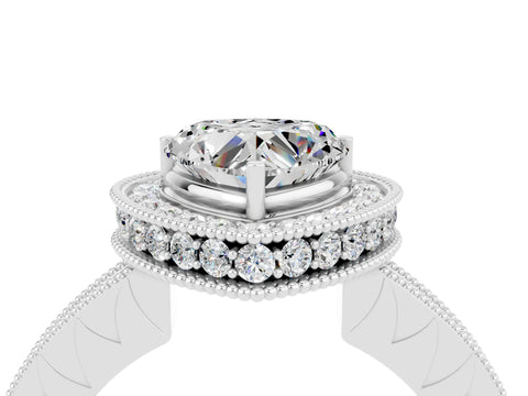 White gold Heart Cut Halo Diamond Engagement Ring with Milgrain Pave Band and Four-Prong Setting_4