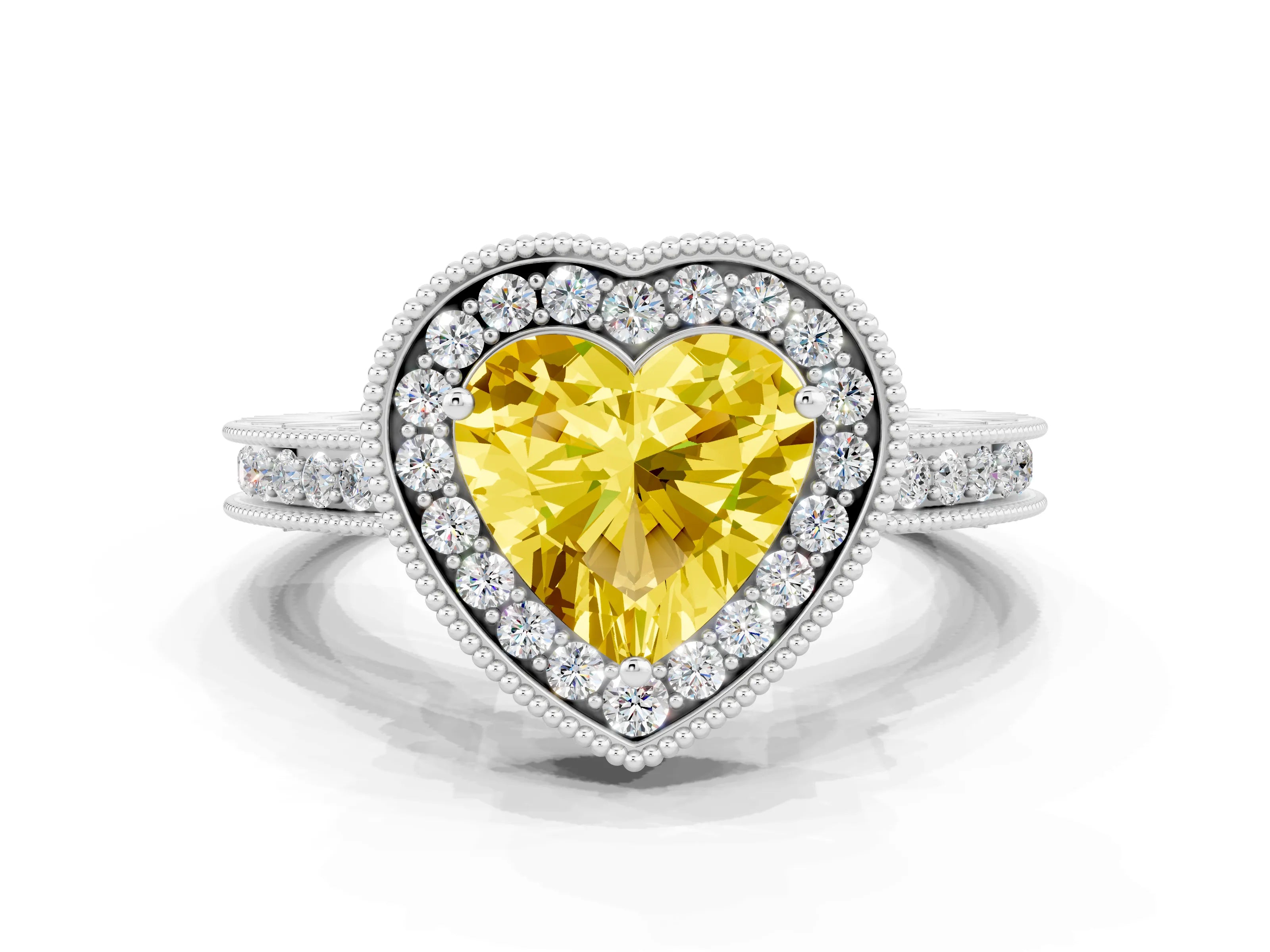 White gold Heart Cut Halo Diamond Engagement Ring with Milgrain Pave Band and Four-Prong Setting