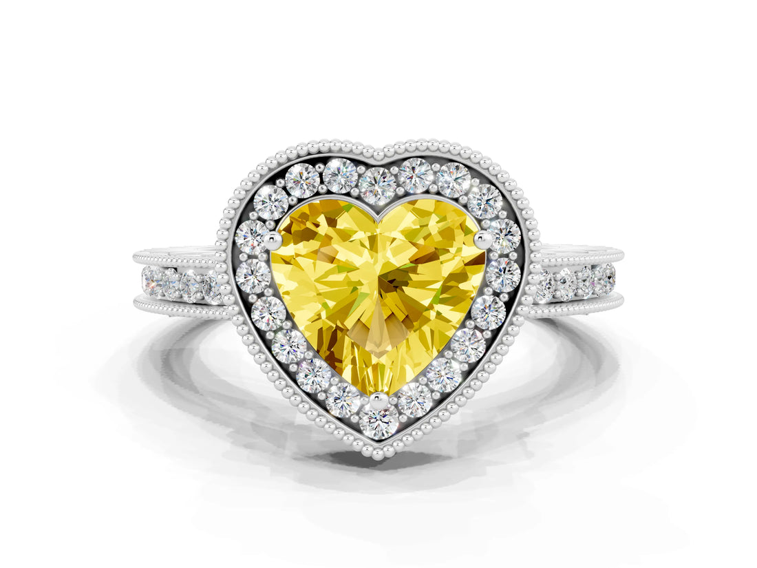 White gold Heart Cut Halo Diamond Engagement Ring with Milgrain Pave Band and Four-Prong Setting