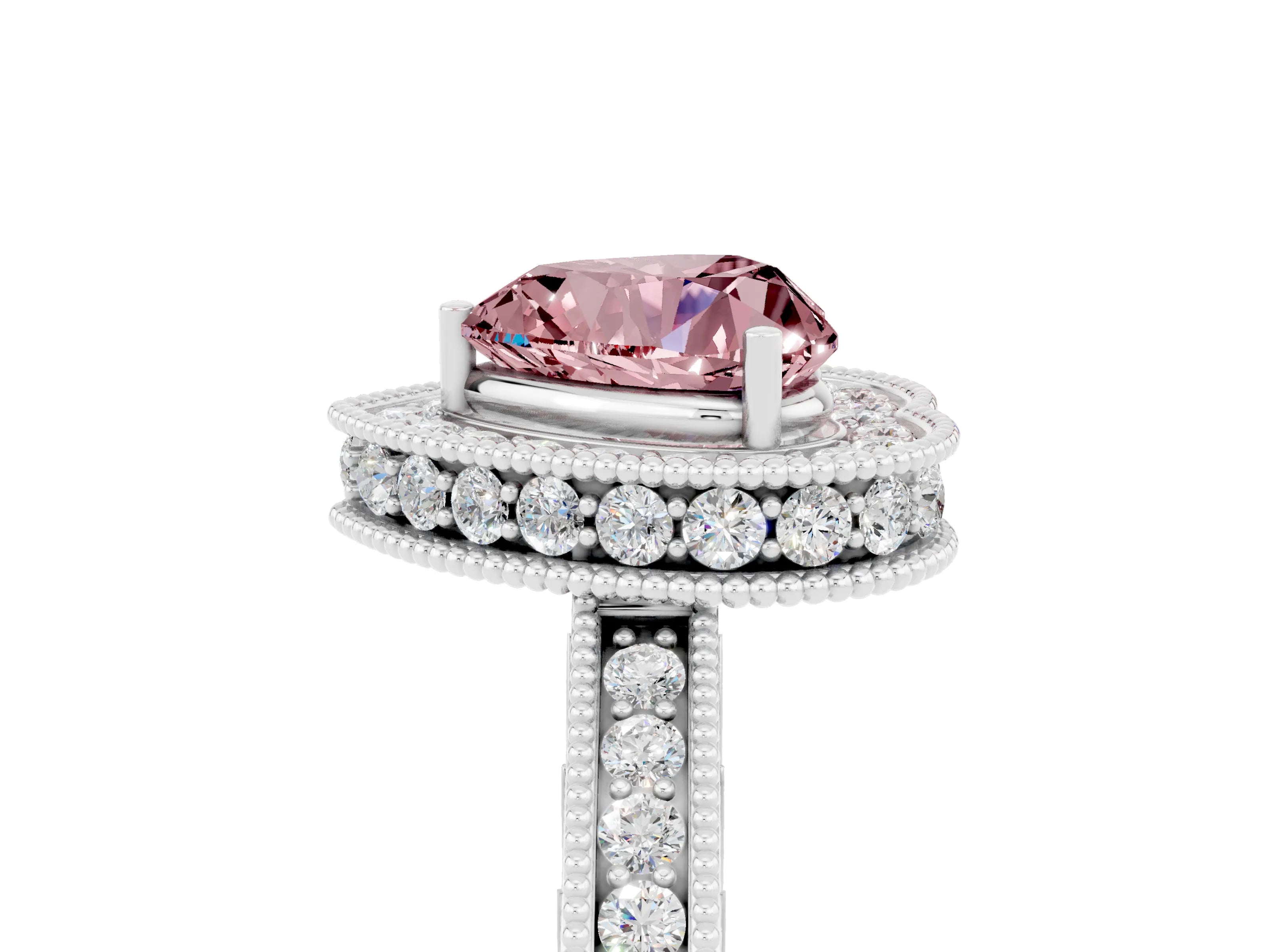 White gold Heart Cut Halo Diamond Engagement Ring with Milgrain Pave Band and Four-Prong Setting_5