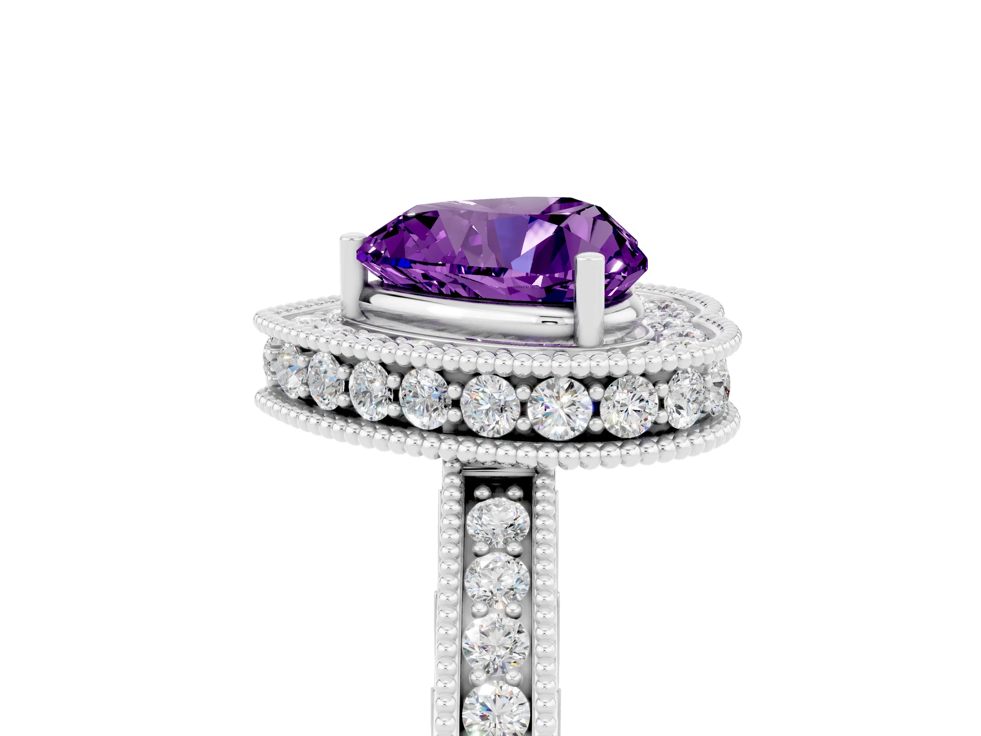 White gold Heart Cut Halo Diamond Engagement Ring with Milgrain Pave Band and Four-Prong Setting_5