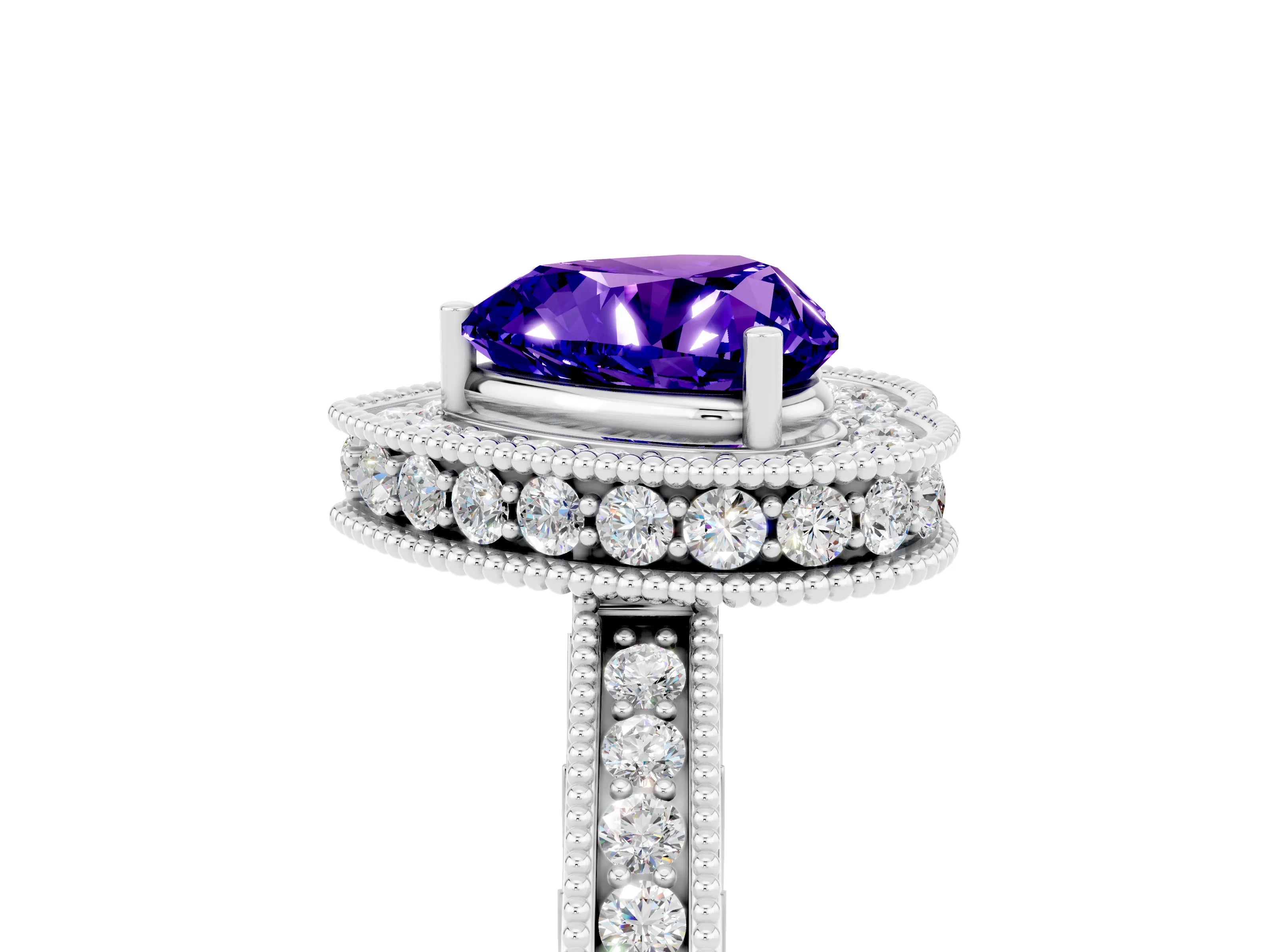 White gold Heart Cut Halo Diamond Engagement Ring with Milgrain Pave Band and Four-Prong Setting_5