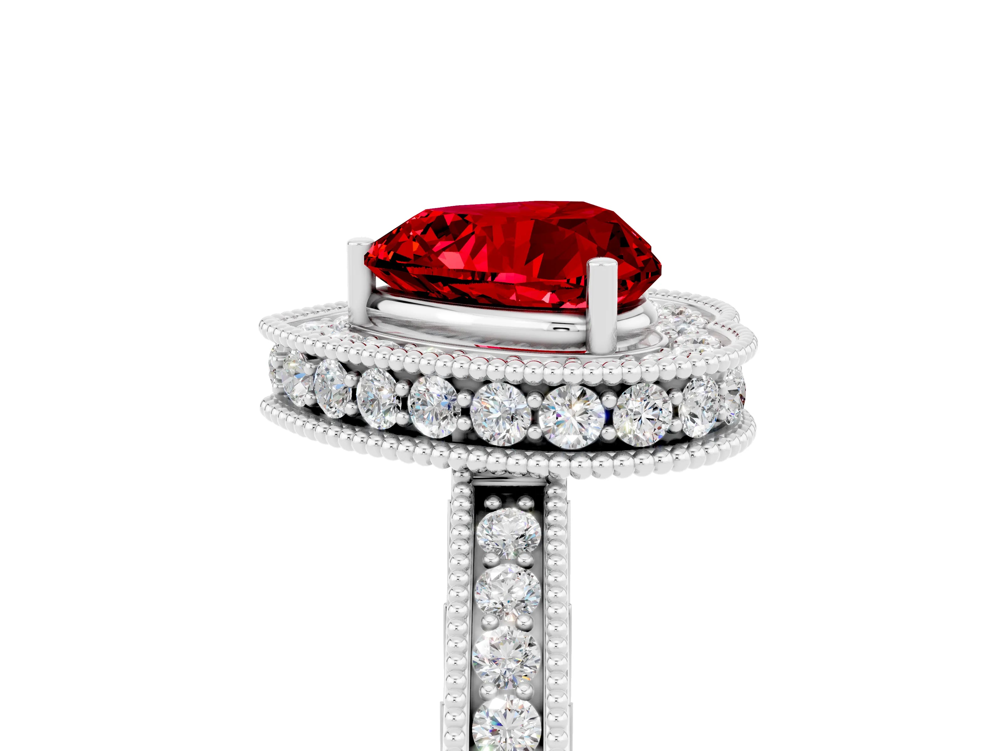 White gold Heart Cut Halo Diamond Engagement Ring with Milgrain Pave Band and Four-Prong Setting_5