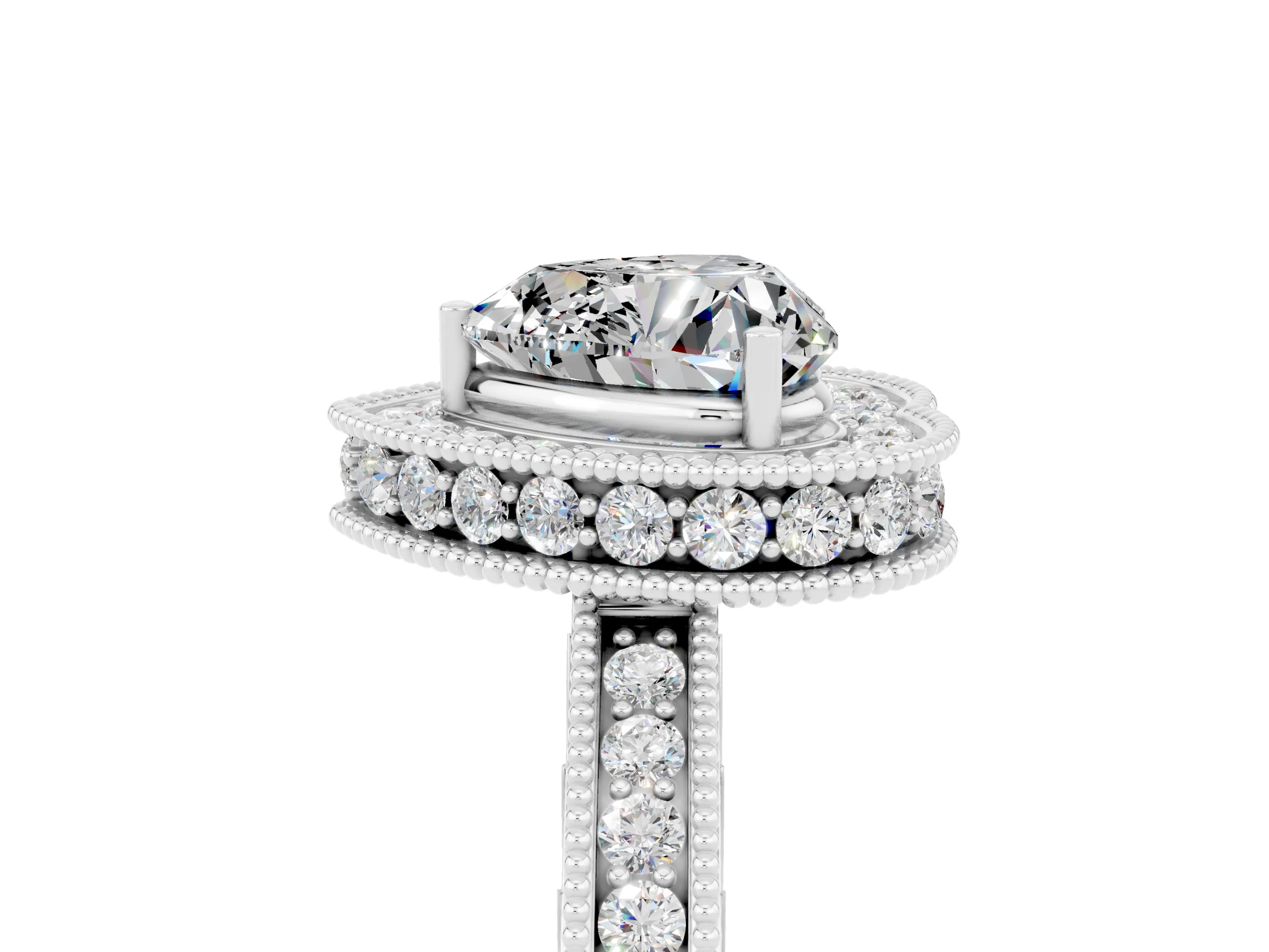 White gold Heart Cut Halo Diamond Engagement Ring with Milgrain Pave Band and Four-Prong Setting_5