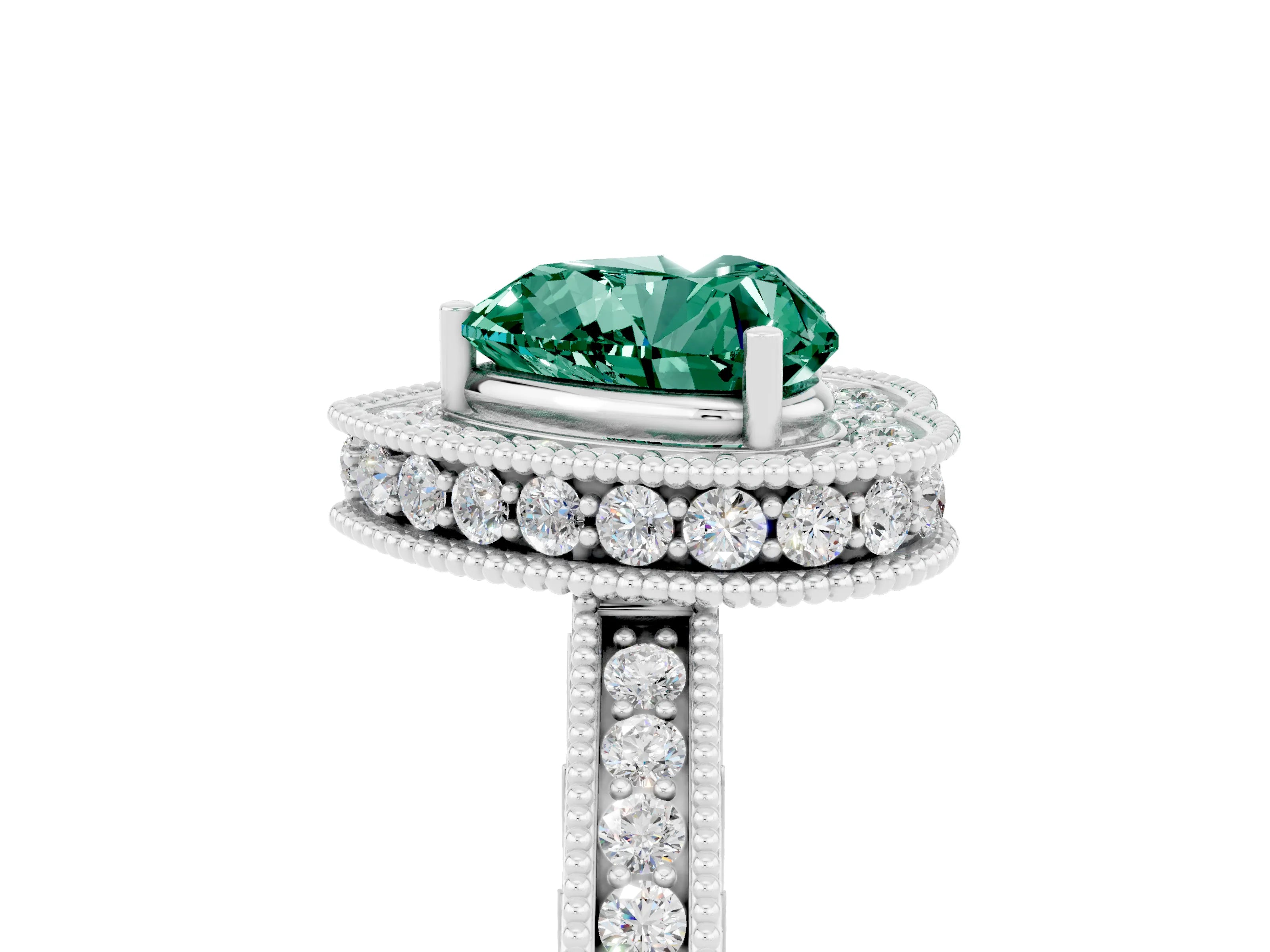 White gold Heart Cut Halo Diamond Engagement Ring with Milgrain Pave Band and Four-Prong Setting_5