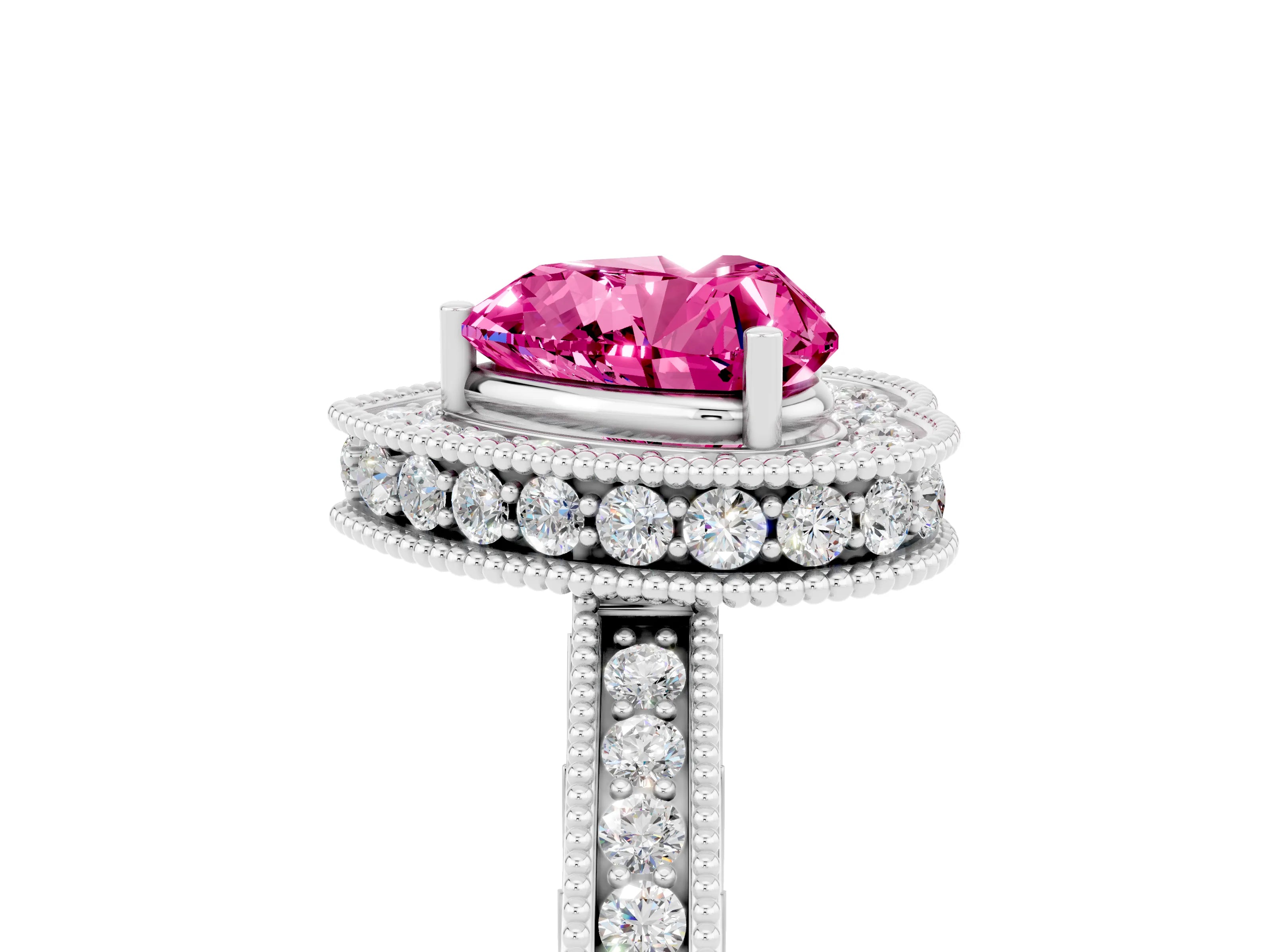 White gold Heart Cut Halo Diamond Engagement Ring with Milgrain Pave Band and Four-Prong Setting_5
