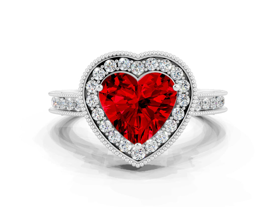 White gold Heart Cut Halo Diamond Engagement Ring with Milgrain Pave Band and Four-Prong Setting