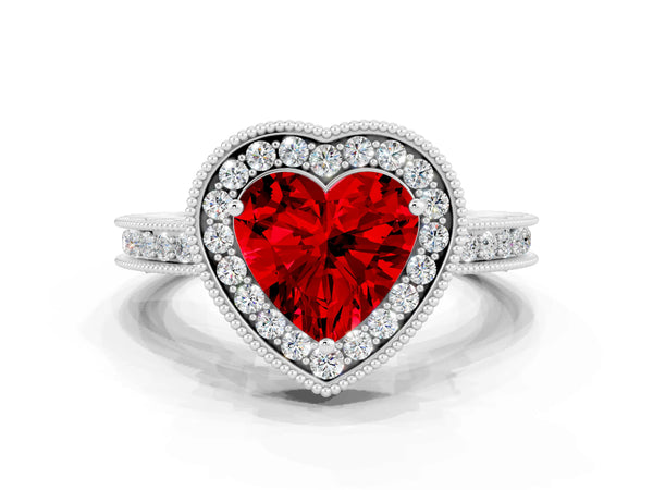 Platinum Heart Cut Halo Diamond Engagement Ring with Milgrain Pave Band and Four-Prong Setting