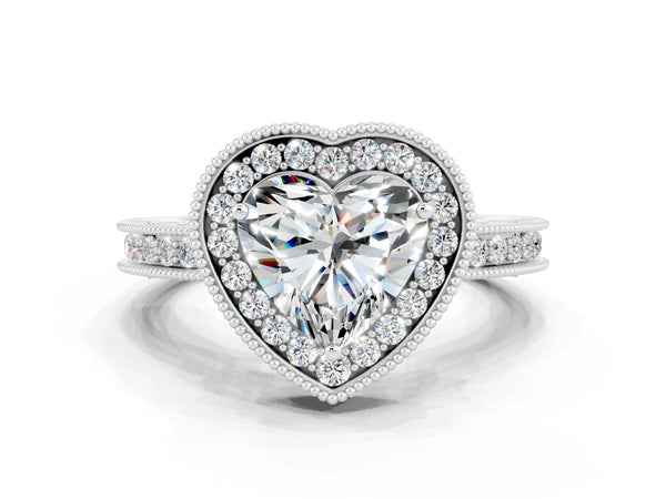 White gold Heart Cut Halo Diamond Engagement Ring with Milgrain Pave Band and Four-Prong Setting