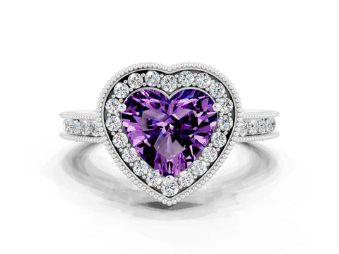 White gold Heart Cut Halo Diamond Engagement Ring with Milgrain Pave Band and Four-Prong Setting