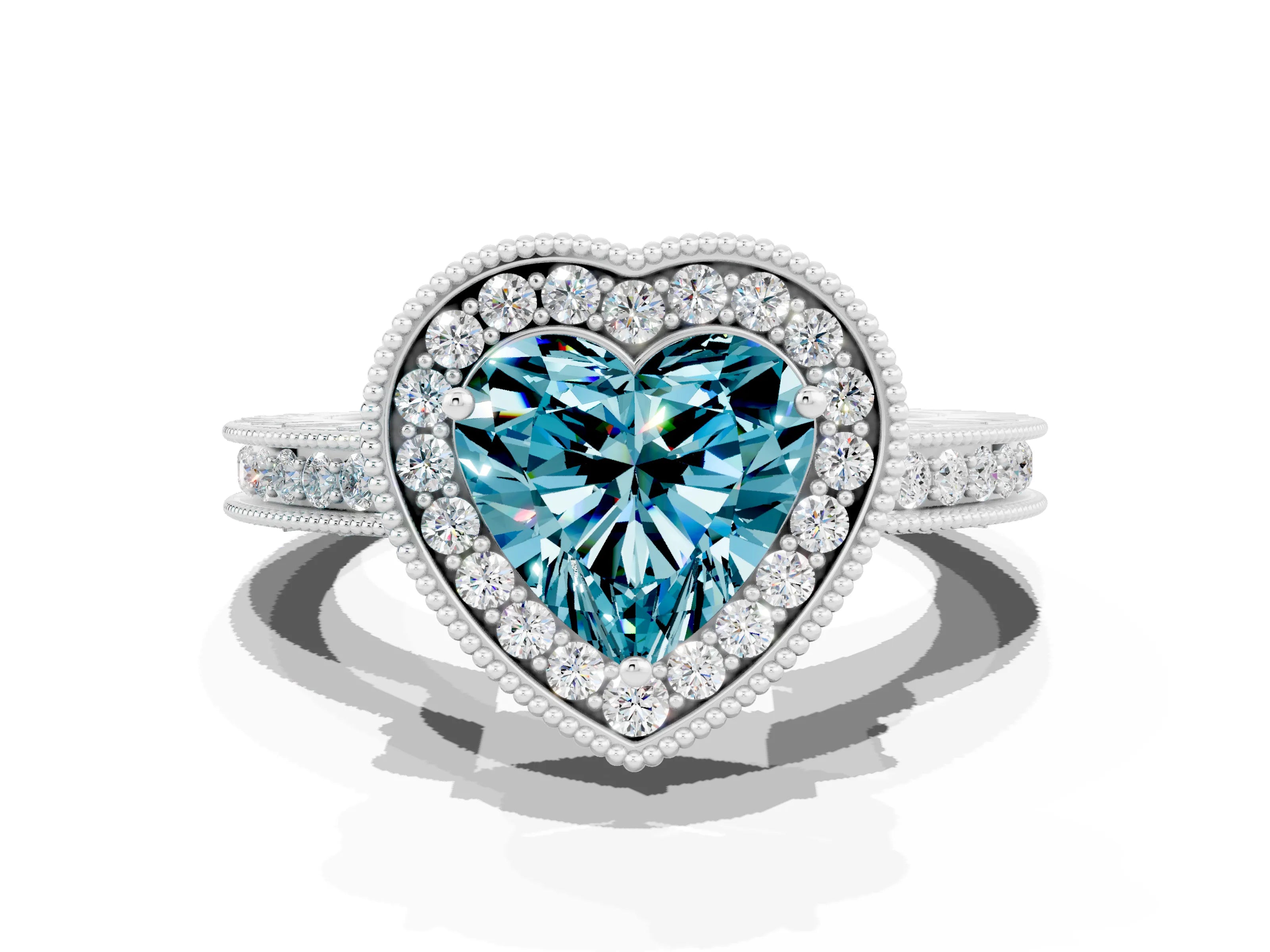 White gold Heart Cut Halo Diamond Engagement Ring with Milgrain Pave Band and Four-Prong Setting