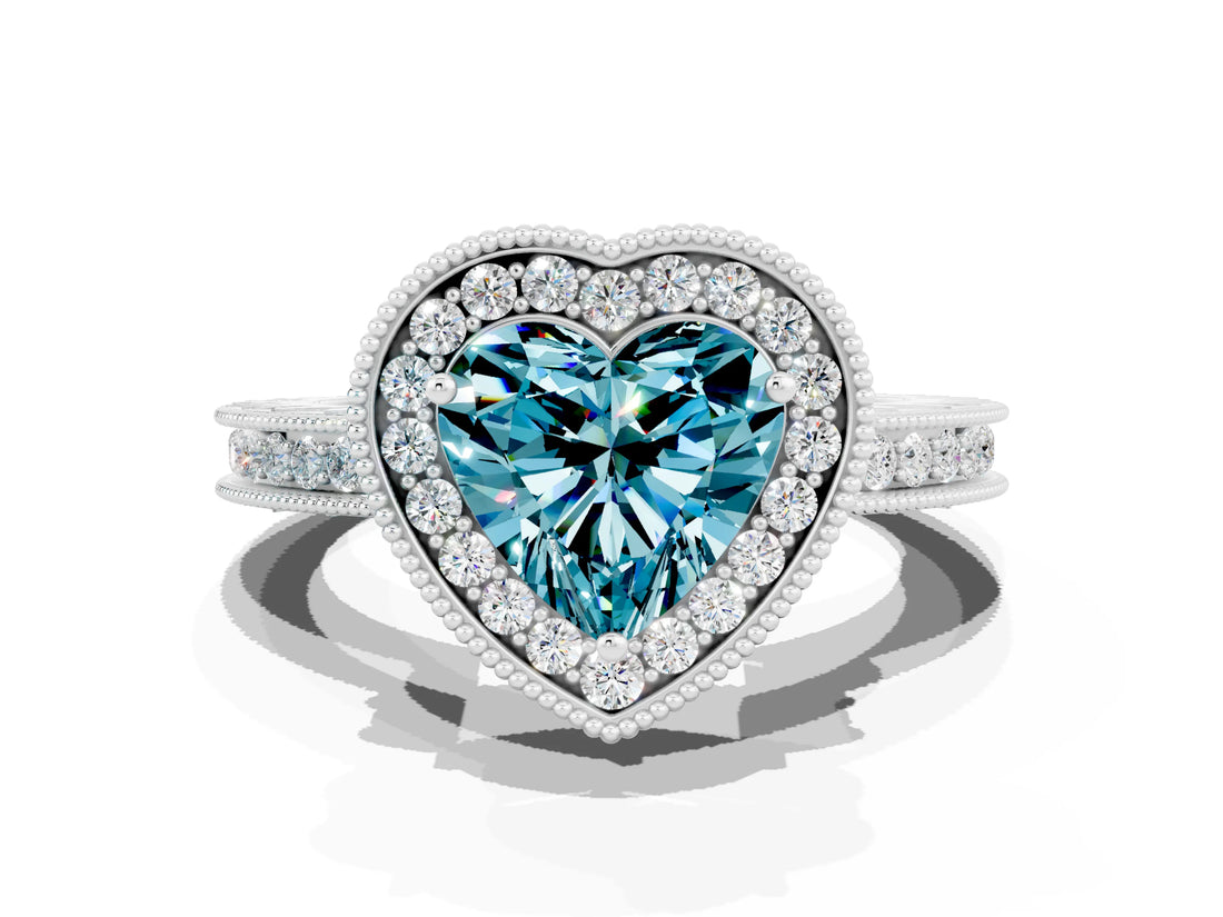 White gold Heart Cut Halo Diamond Engagement Ring with Milgrain Pave Band and Four-Prong Setting