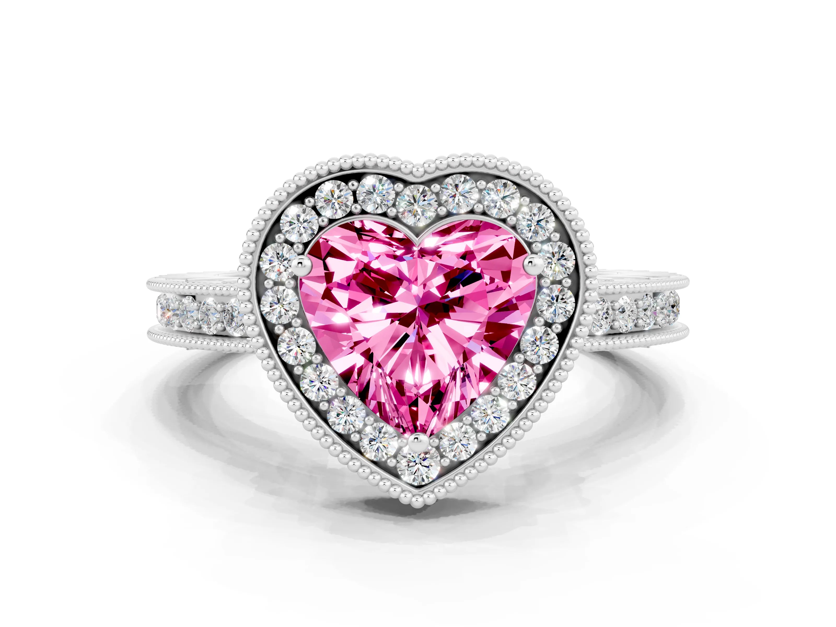 White gold Heart Cut Halo Diamond Engagement Ring with Milgrain Pave Band and Four-Prong Setting