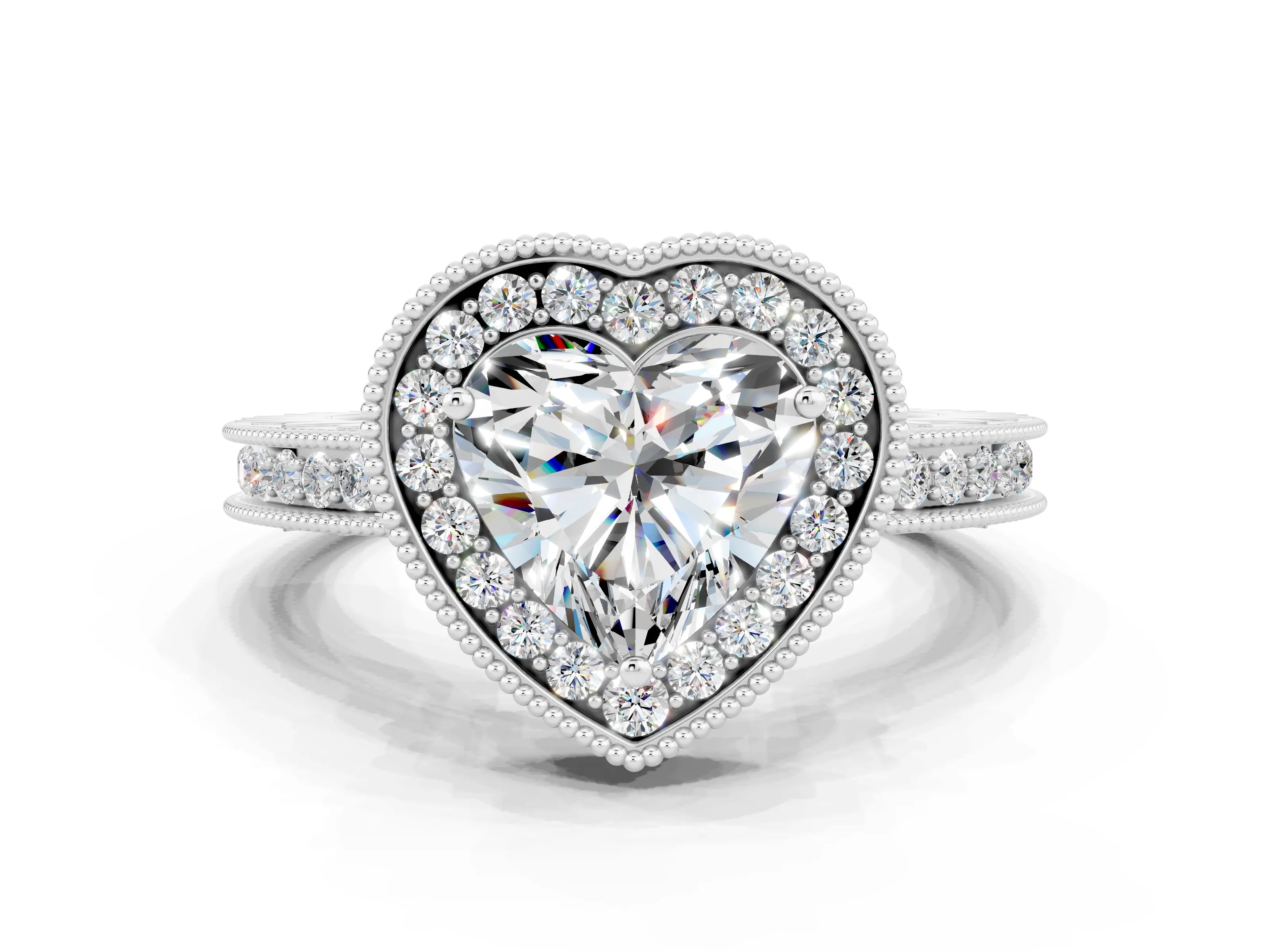 White gold Heart Cut Halo Diamond Engagement Ring with Milgrain Pave Band and Four-Prong Setting