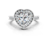 White gold Heart Cut Halo Diamond Engagement Ring with Milgrain Pave Band and Four-Prong Setting
