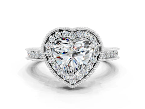 White gold Heart Cut Halo Diamond Engagement Ring with Milgrain Pave Band and Four-Prong Setting