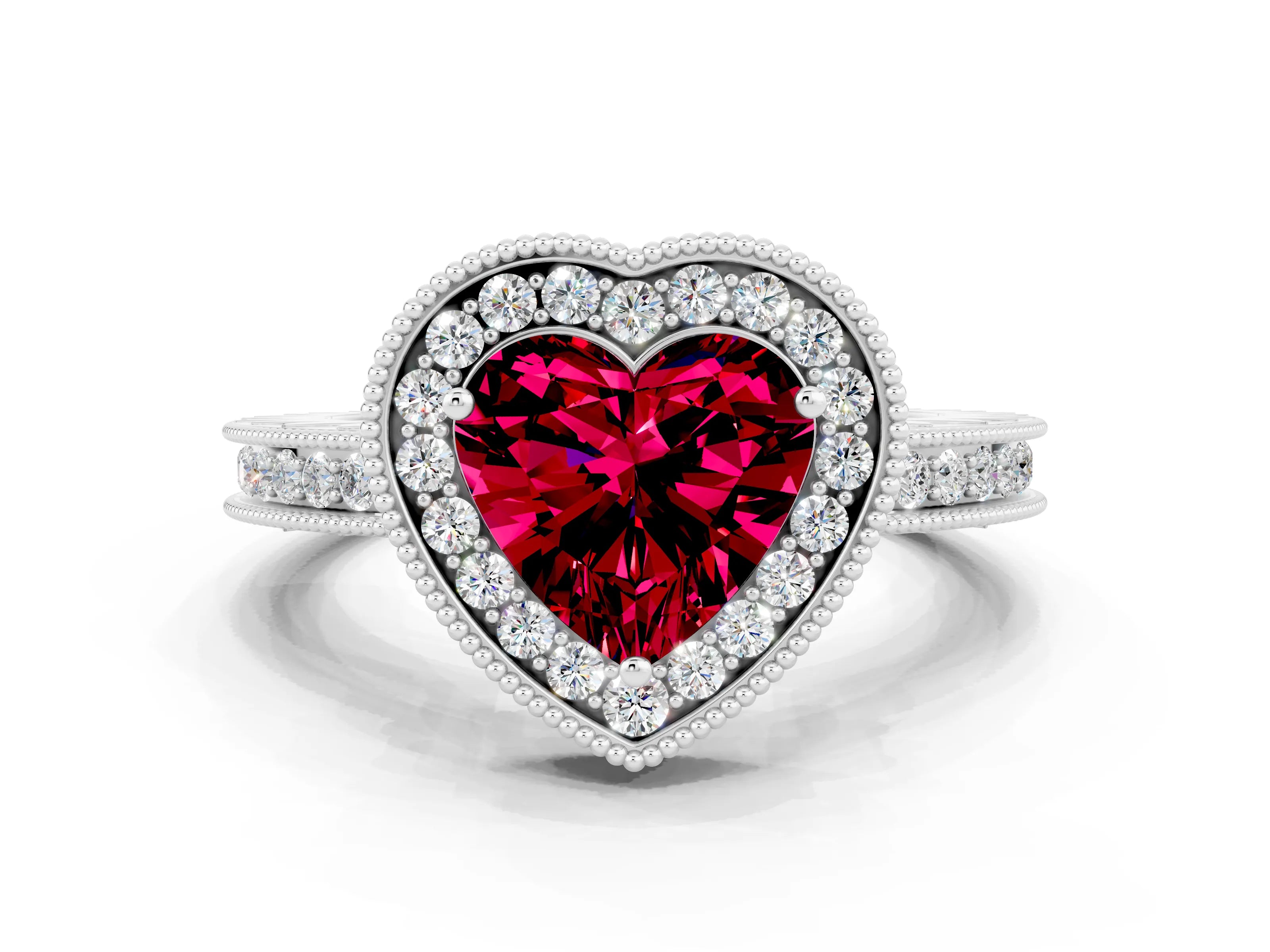 White gold Heart Cut Halo Diamond Engagement Ring with Milgrain Pave Band and Four-Prong Setting