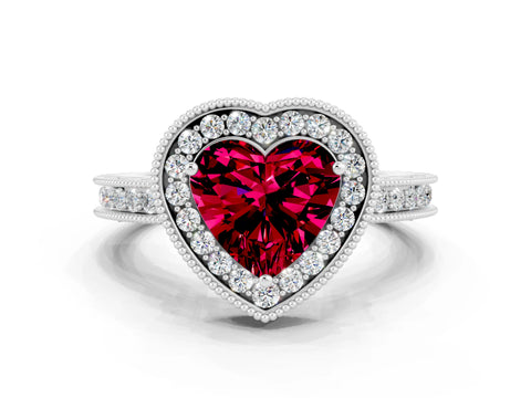 White gold Heart Cut Halo Diamond Engagement Ring with Milgrain Pave Band and Four-Prong Setting