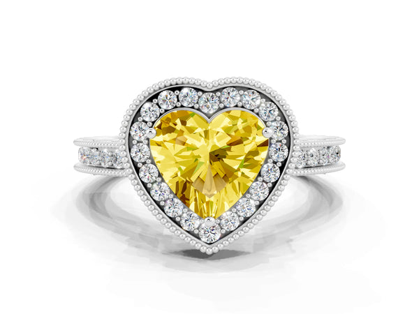 White gold Heart Cut Halo Diamond Engagement Ring with Milgrain Pave Band and Four-Prong Setting