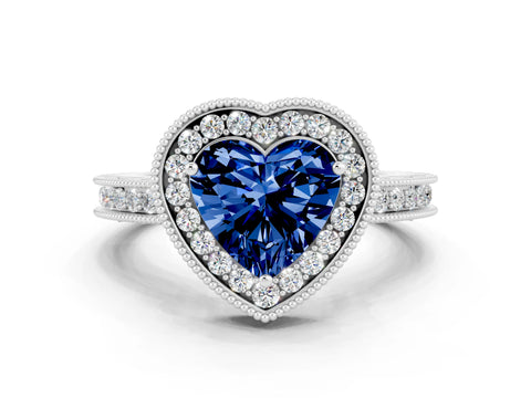 White gold Heart Cut Halo Diamond Engagement Ring with Milgrain Pave Band and Four-Prong Setting
