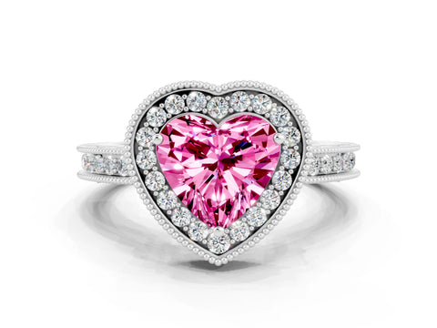 White gold Heart Cut Halo Diamond Engagement Ring with Milgrain Pave Band and Four-Prong Setting