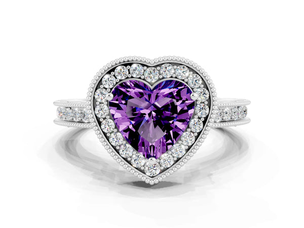 White gold Heart Cut Amethyst Milgrain Halo Engagement Ring with Round Pavé Band and Prong Setting