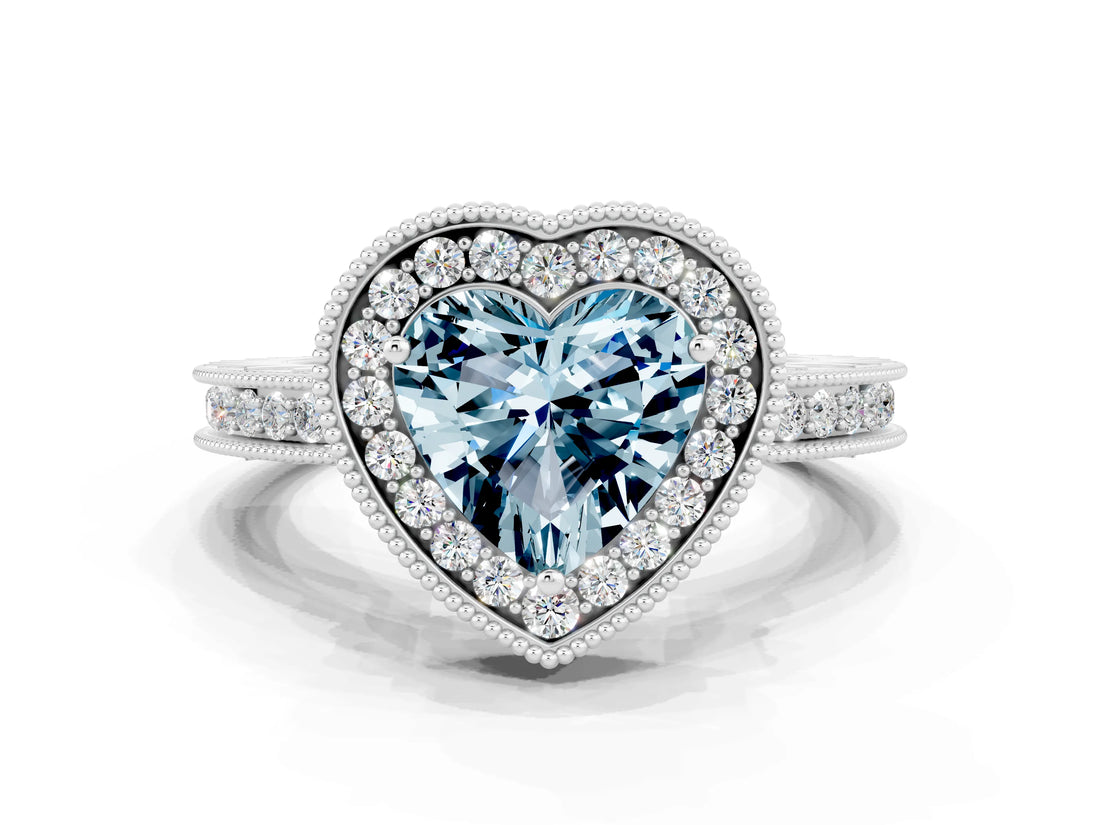White gold Heart Cut Halo Diamond Engagement Ring with Milgrain Pave Band and Four-Prong Setting
