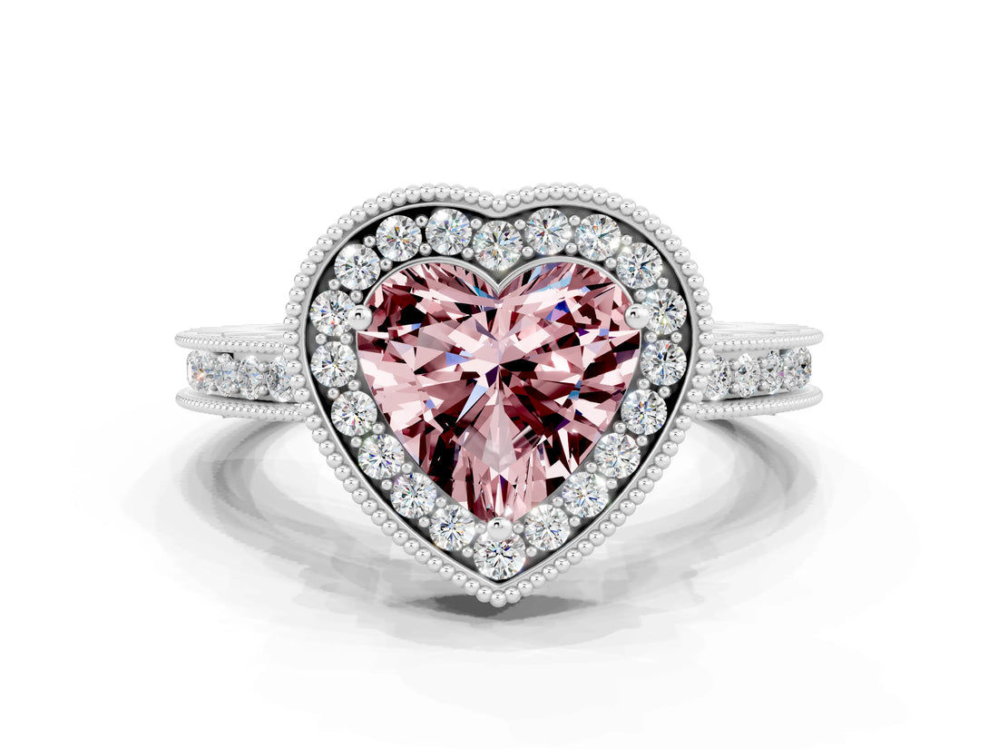 White gold Heart Cut Halo Diamond Engagement Ring with Milgrain Pave Band and Four-Prong Setting
