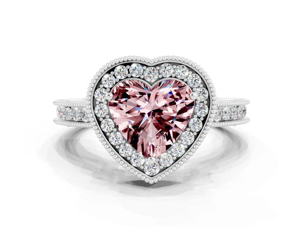 Silver Heart Cut Halo Diamond Engagement Ring with Milgrain Pave Band and Four-Prong Setting
