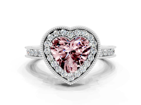 White gold Heart Cut Halo Diamond Engagement Ring with Milgrain Pave Band and Four-Prong Setting
