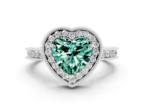 White gold Heart Cut Halo Diamond Engagement Ring with Milgrain Pave Band and Four-Prong Setting