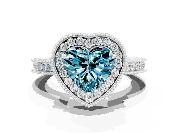 Platinum Heart Cut Halo Diamond Engagement Ring with Milgrain Pave Band and Four-Prong Setting