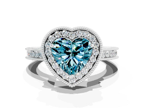 White gold Heart Cut Halo Diamond Engagement Ring with Milgrain Pave Band and Four-Prong Setting
