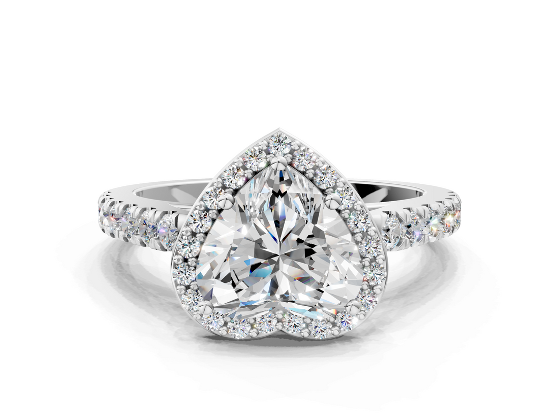 White gold Heart Cut Halo Diamond Engagement Ring with Pave Band and Four-Prong Setting_57