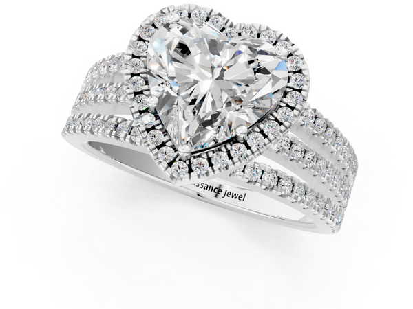 White Gold Heart-Shaped Halo Engagement Ring Setting with Triple Row Split Shank