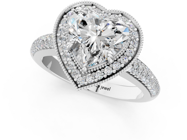 Silver 0.47 Carat E VVS2 Heart Cut Halo Diamond Pave Band with Four-Prong Setting