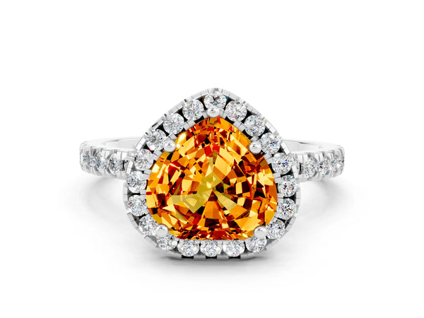 White gold Heart Cut Citrine Classic Halo Engagement Ring with Round Pavé Band and Prong Setting