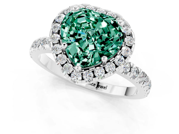 Platinum Heart Cut Green Sapphire Classic Halo Engagement Ring with Round Pavé Band and Prong Setting