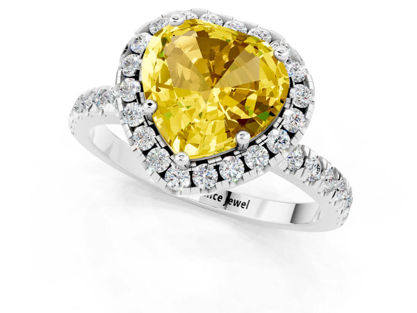 Silver Heart Cut Yellow Sapphire Classic Halo Engagement Ring with Round Pavé Band and Prong Setting