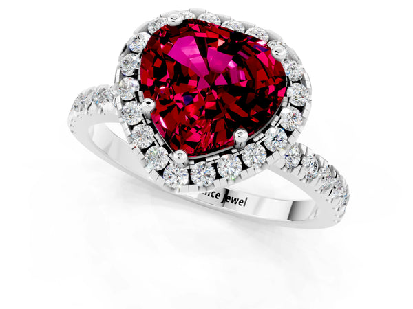 Platinum Heart Cut Garnet Classic Halo Engagement Ring with Round Pavé Band and Prong Setting