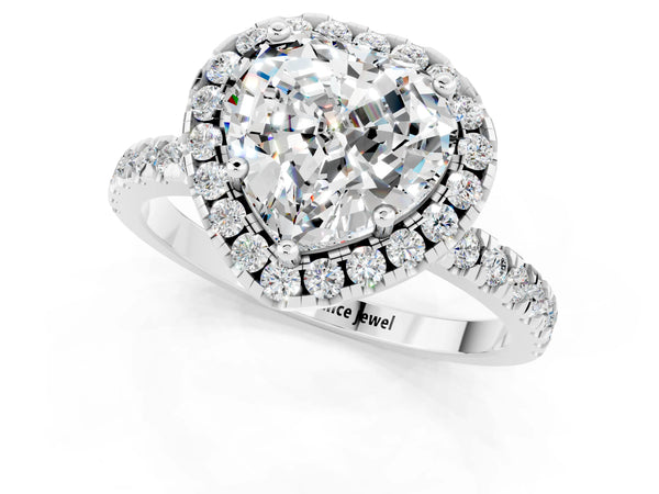 Platinum Heart Cut Moissanite Classic Halo Engagement Ring with Round Pavé Band and Prong Setting